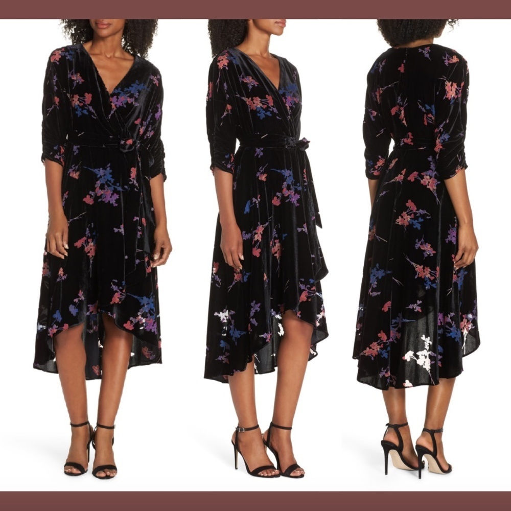 NEW $168 Eliza J Floral Faux Wrap‎ Velvet High Low Dress [ SZ 4 ]